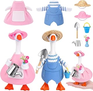 Gilprop 2 Pcs 7 Inch Desk Goose Outfit Gardener Set with Hats Tools | Farmer Costume with Overalls Apron, Straw Hats, Mini Shovel Watering Can, For Home Office Garden Summer Decor Gifts