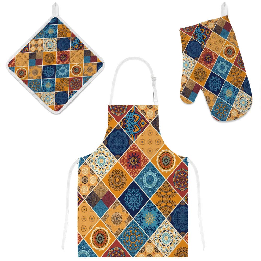 Tablier de cuisine mandalas avec gant et manique imperméable