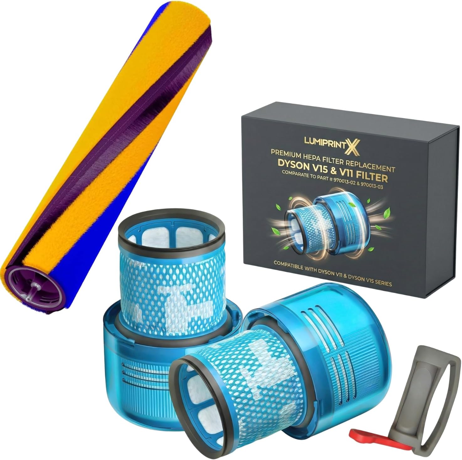 Premium 2-Pack V15 HEPA Replacement Filter & Laser Brush Bar Compatible with Dyson V15 Detect, V15 Absolute, V15 Submarine, V11 Animal & Torque Drive – Compare to Part #970013-02, #971634-01