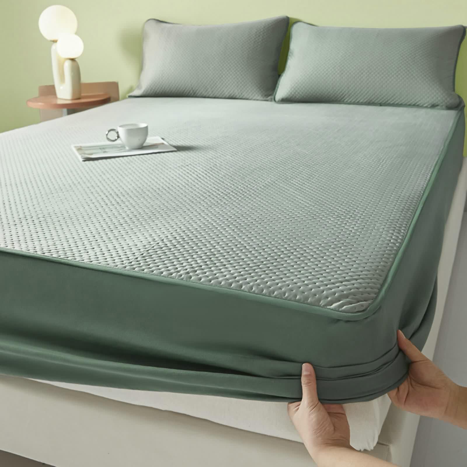 Spannbetttuch 180X200cm, Spannbetttuch Volltonfarbe Seide Baumwolle Armeegrün Fitted Sheet Elegant