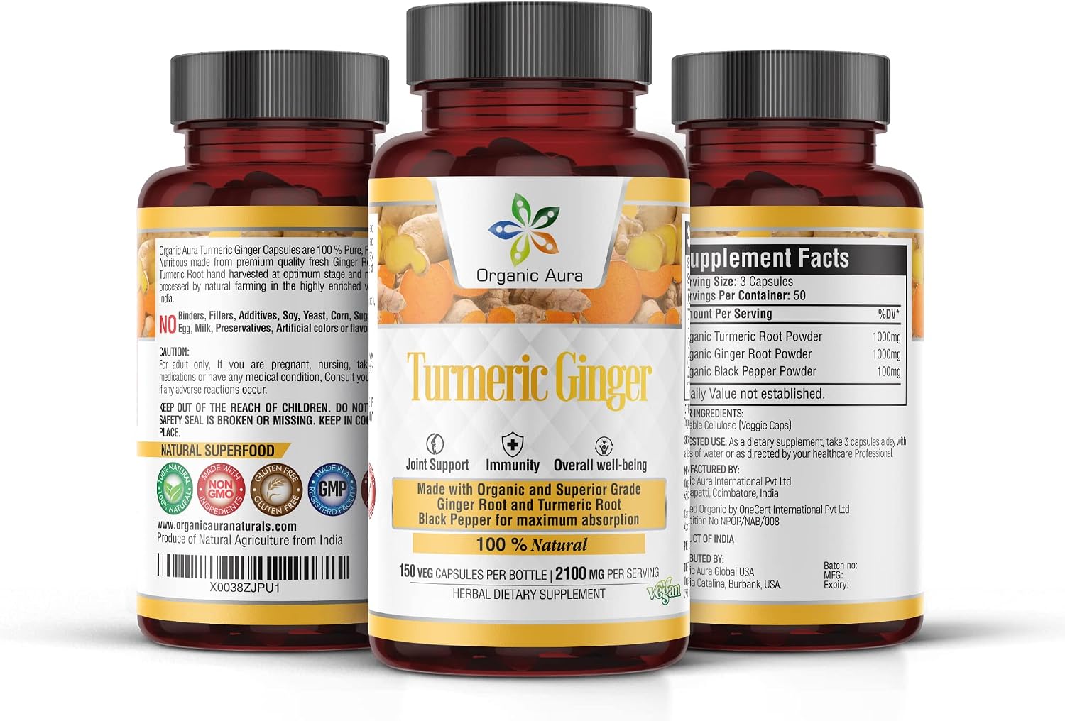 Turmeric Ginger Capsule - 150 Veg. Max Strength Pure High-Potency Curcumin and Zingiber officinale. Supports Joints, Mobility, and Flexibility.
