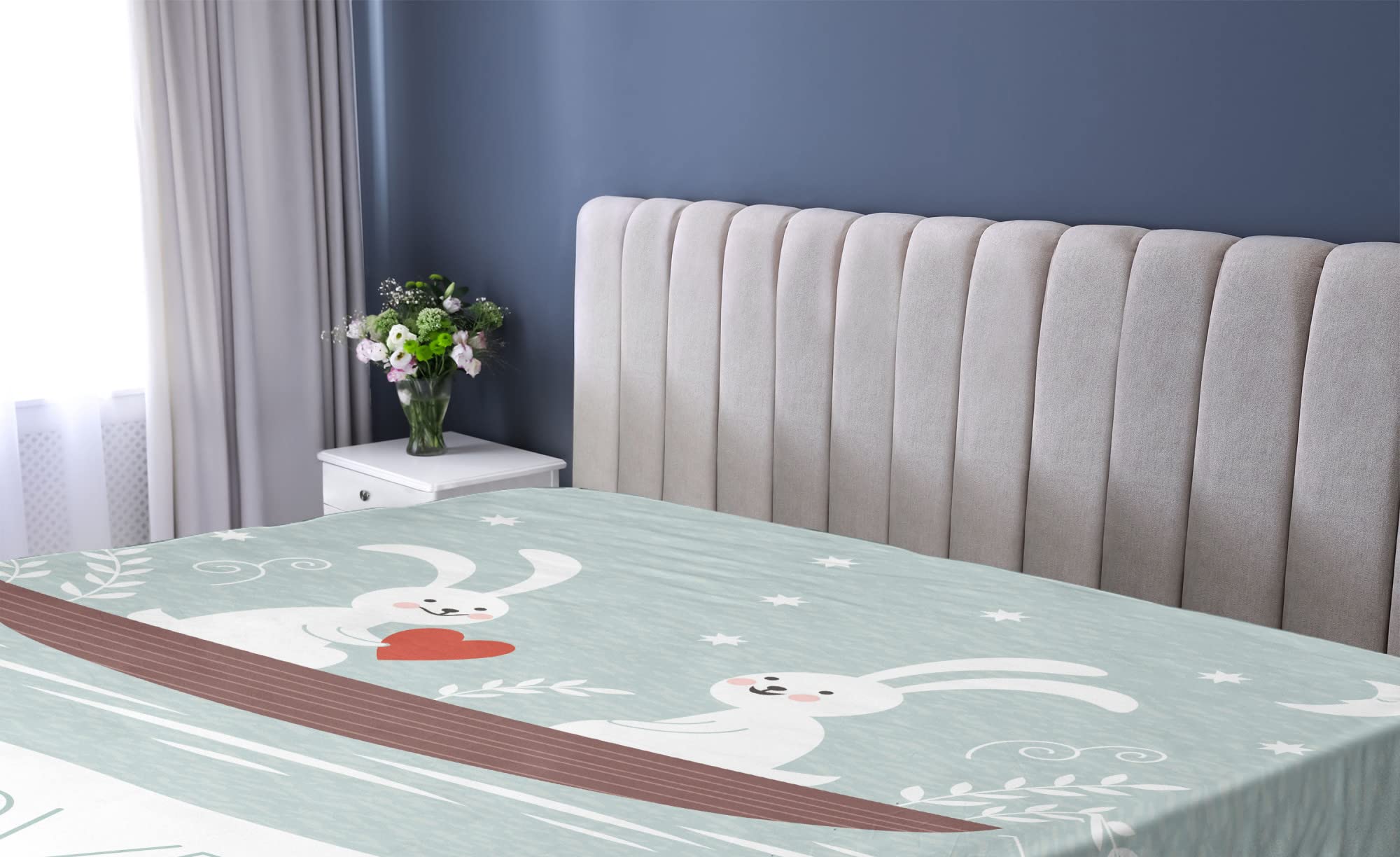 Ambesonne I Love You Fitted Sheet, Rabbit Couple Sailing on Boat in The Lake Bunny Partners Kids Cartoon, Soft Decorative Fabric Bedding All-Round Elastic Pocket, Queen Size, Pale Blue Brown