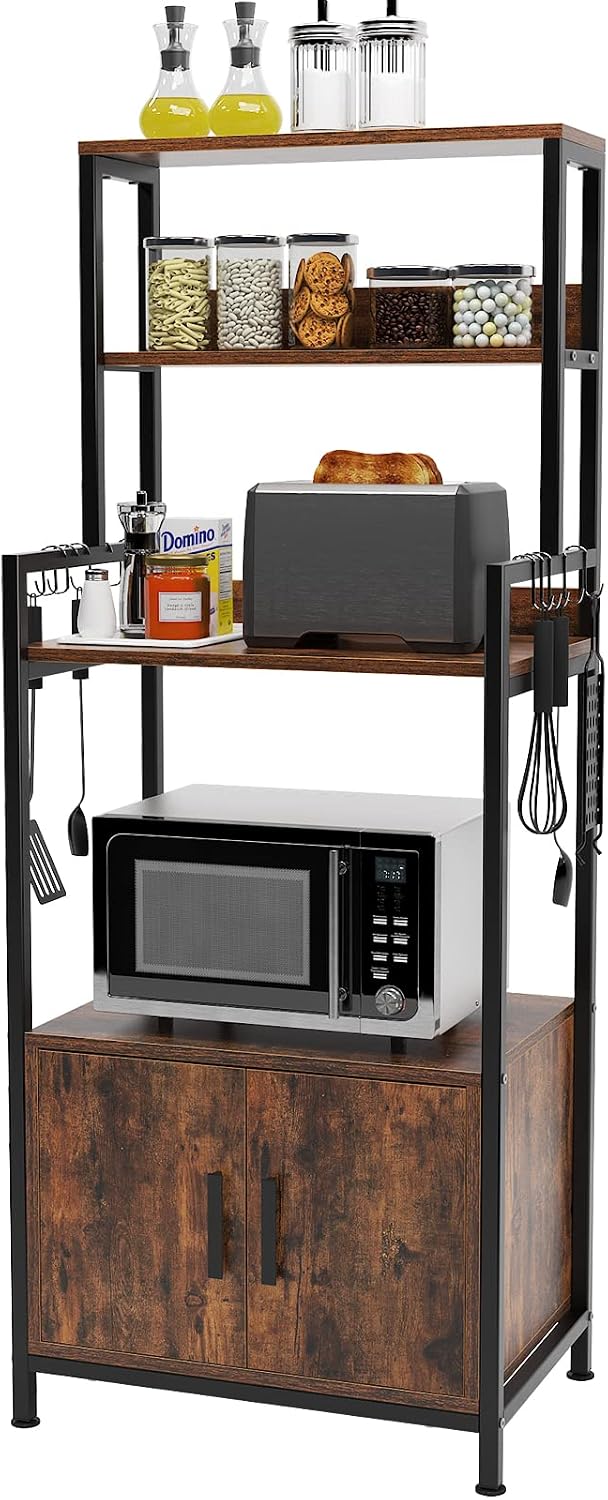 Standing Bakers Rack with Hutch and Storage Cabinet, 4-Tier Kitchen Microwave Oven Stand Spice Rack Organizer Shelf, Pantry Cabinet Coffee Bar Station with 8 S Hooks,CZWK-KR00TW059-CA