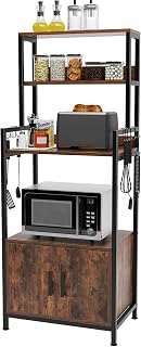 Standing Bakers Rack with Hutch and Storage Cabinet, 4-Tier Kitchen Microwave Oven Stand Spice Rack Organizer Shelf, Pantry Cabinet Coffee Bar Station with 8 S Hooks,CZWK-KR00TW059-CA