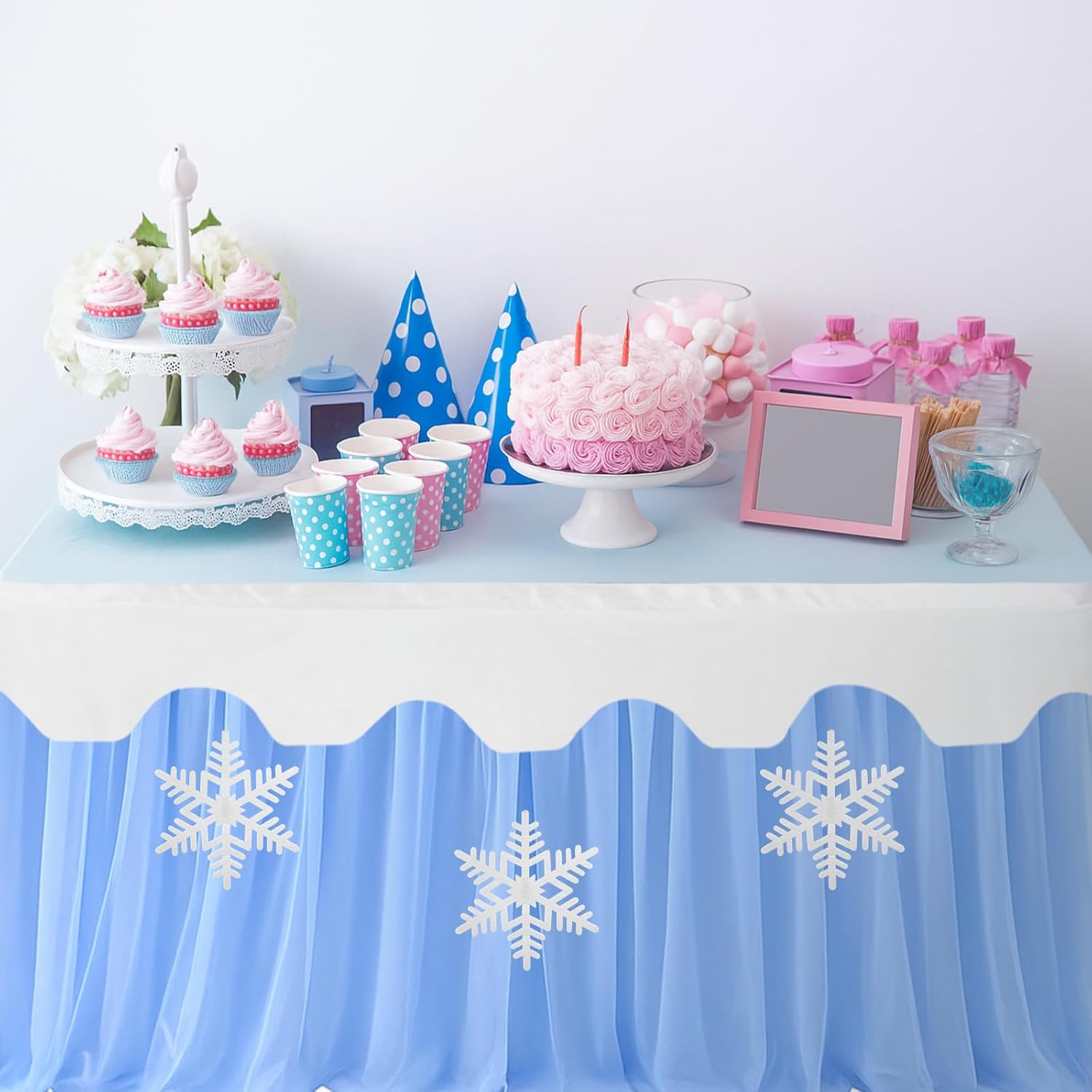 5 Pcs Winter Snowflake Wonderland Tablecloth Blue Tulle Table Skirt and White Tables Cover with Snowflake 30 x 108 Inch Winter Wonderland Table Cover for Winte Holiday Party Supplies Decorations