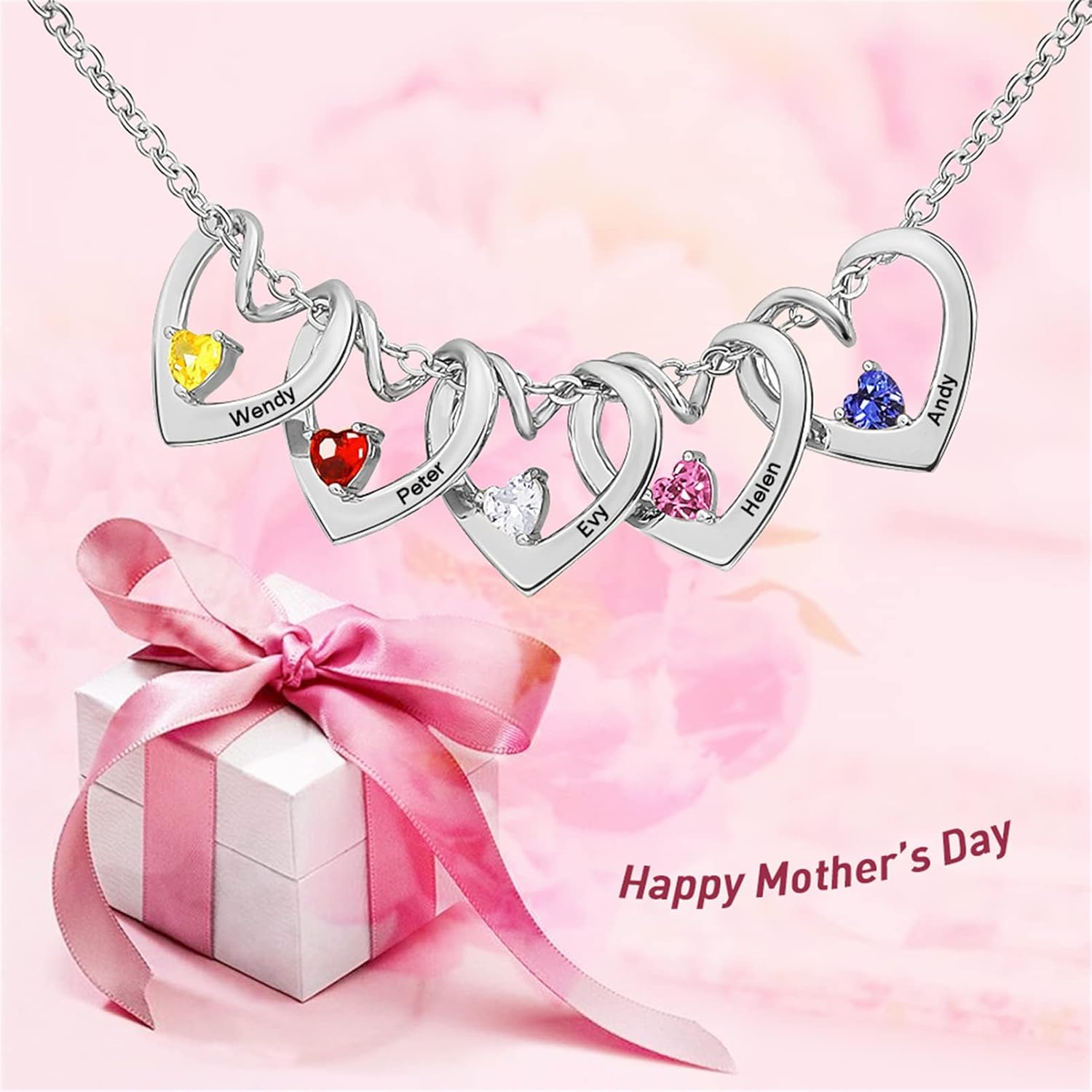 MissNaNa Mom Gift Personalized Mother Necklace with 1-6 Birthstones & Engraved Names Custom Family Necklace Heart Name Necklaces for Mother's Day