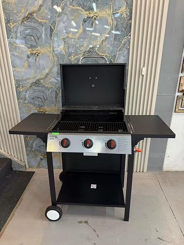 3-Burner Gas Braai with Side Tables, Wheeled Cart, Black Steel Construction..