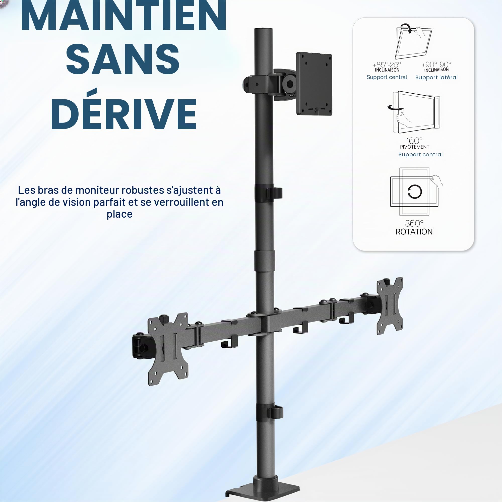 Vivo STAND-V103T Support de Bureau Extra Haut pour écrans jusqu'à 49" sur Support Central et écrans de 27" sur Supports latéraux, Peut Supporter jusqu'à 20 kg, Noir