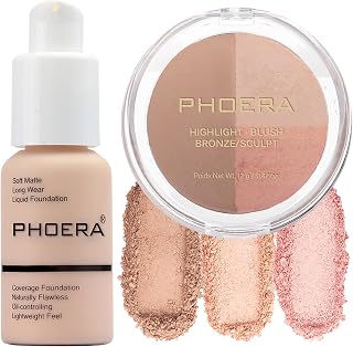 PHOERA Foundation, PHOERA Contour Palette,Shades with Highlighter & Bronzer & Blush,PHOERA Makeup Lightweight Long Lasting Wrinkles Matte Natural Finish(101+ #001 Contour/Porcelain+#001)