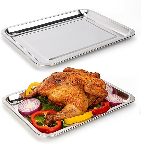 Juego de 2 bandejas para hornear, bandejas grandes de acero inoxidable de 15 x 11.8 x 1 pulgadas, bandejas grandes y gruesas para hornear, fáciles