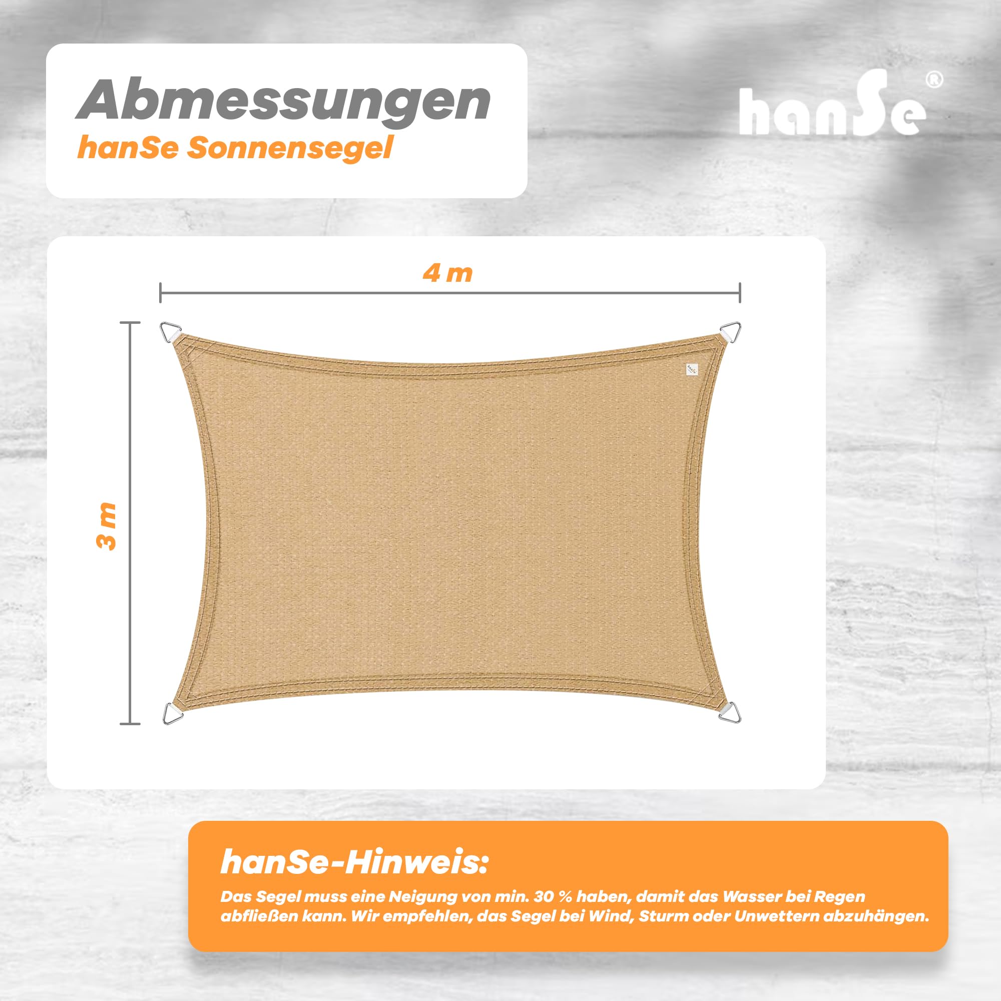 hanSe Sonnensegel rechteckig, Segeltuch Rechteck, 3x4 m in Sand, aus HDPE Gewebe, wetterbeständig mit UV Schutz und Sonnenschutz für Garten, Balkon und Terrasse