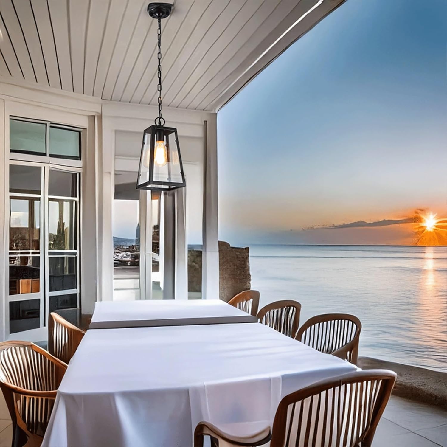 Outdoor Modern Farmhouse Pendant Light, Square Lantern Waterproof Hanging Lamp, Industrial Exterior Chandelier Iron with Glass Shade, Adjustable for Porch, Balcony, Hallway, Entryway