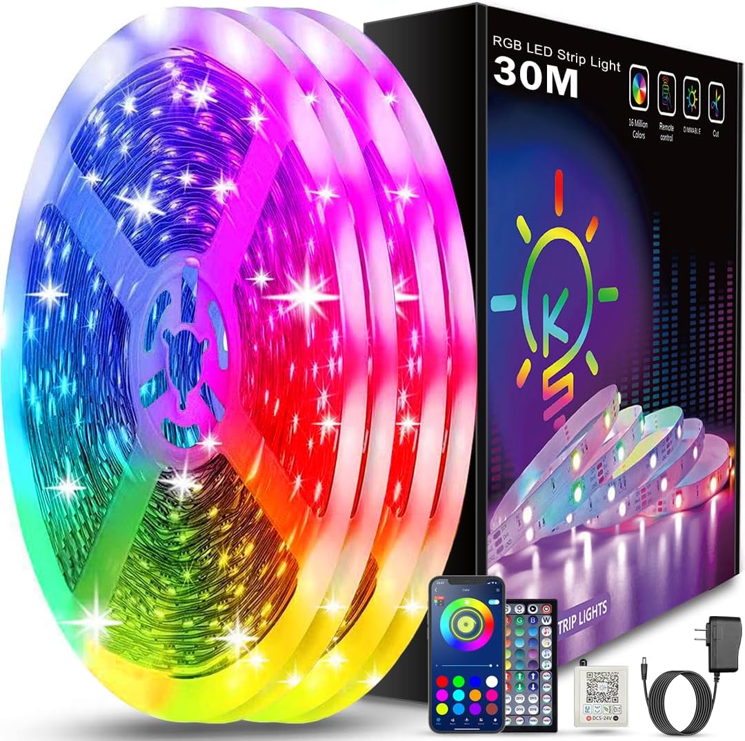 Keepsmile Ruban Led 30m (15mx2), Led Chambre Bluetooth, Bande Led Contrôlé par Télécommande APP, Guirlande Lumineuse Décoration Chambre Led Bureau