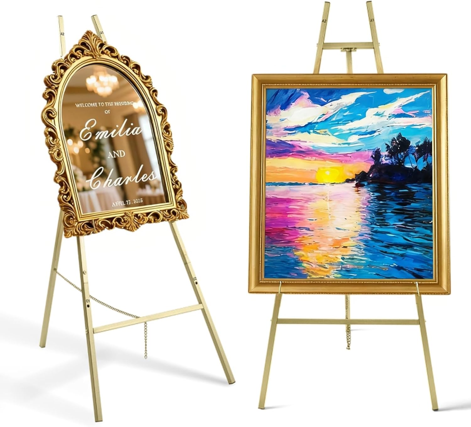 Gold Easel Stand For Sign,Heavy Duty Easel - 4 Tier Adjustable Height Gold Easel Display Easel Stand For Wedding Sign,Paintings,Posters,Welcome Signs,Pictures,With Chain Heavy Duty Metal Display Easel