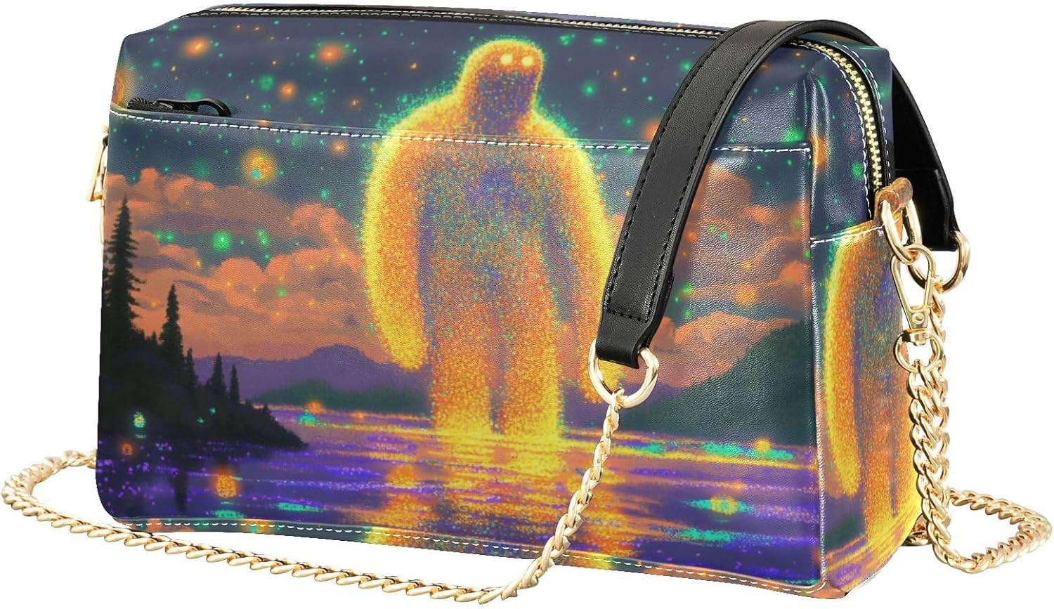 Women Crossbody Bag Shoulder Handbag Cellphone Purse Surreal Sasquatch Print, PU Leather Metal Chain Strap Water Resistant Zipper Closure