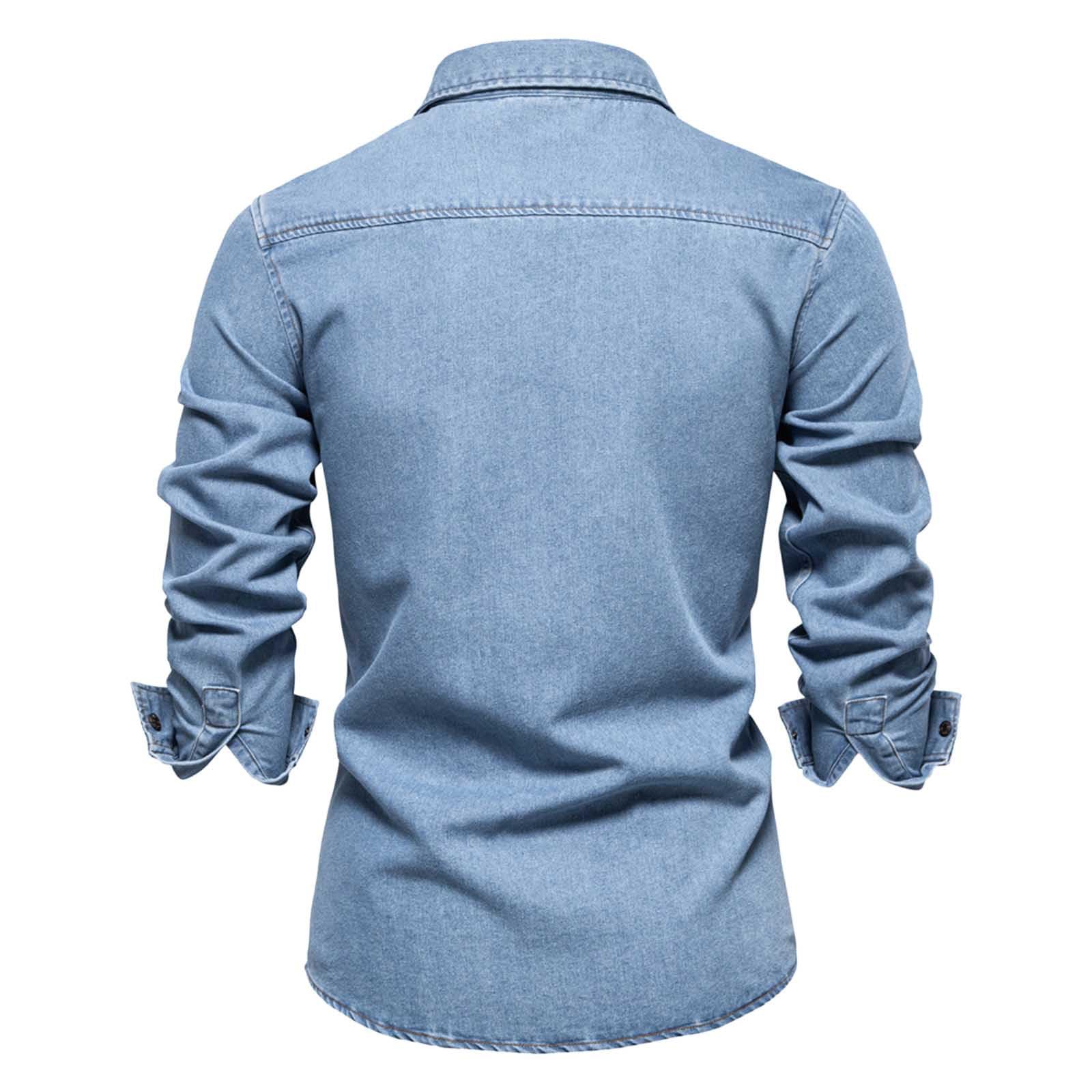 Generisch Camicia in jeans da uomo a maniche lunghe, con colletto rovesciato, classica, a maniche lunghe, comoda camicia da lavoro, con bottoni, per il tempo libero, traspirante, leggera, tinta unita