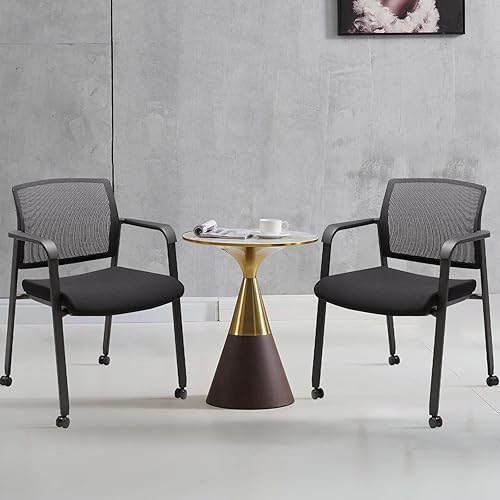 Miniatura 53 de CLATINA Silla de sala de espera negra con ruedas y respaldo de malla apilable con asiento de tela tapizado y soporte lumbar ergonómico para oficina