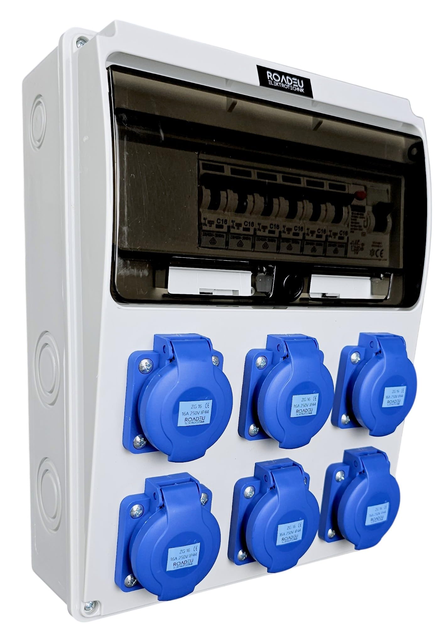 RoadEu Cuadro eléctrico 230V IP44 con diferencial y 6 tomas Schuko | Diferencial TÜV, 6 magnetotérmicos C16A VDE, cableado 2,5 mm², N+PE, PG16