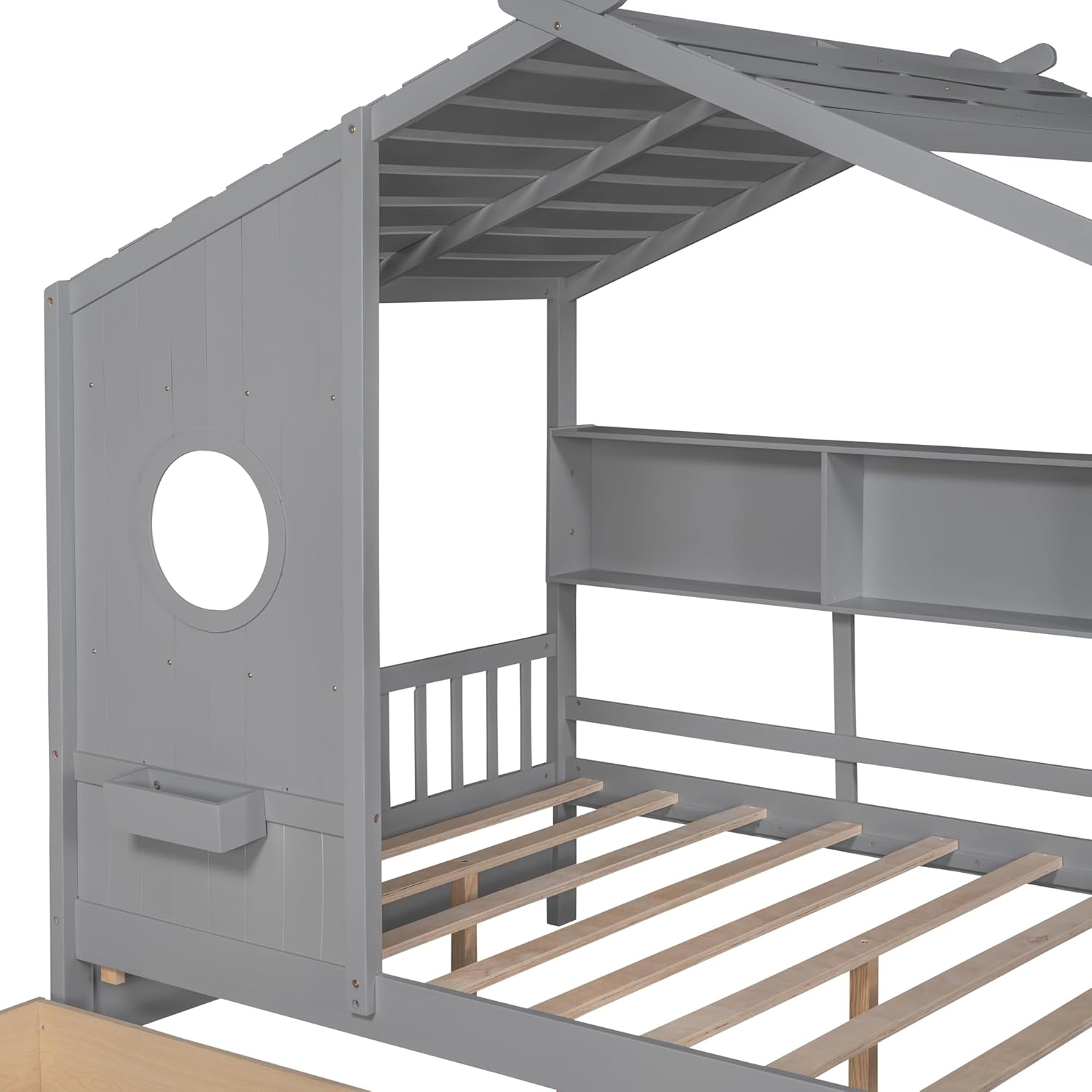 Modern Full Size House Bed with Roof and Window, Wooden Daybed Frame with Shelves and 2 Drawers,Bedroom Furniture for Girls & Boys (Gray+2 Drawers*)