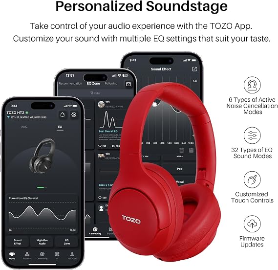 TOZO HT2 Over Ear Bluetooth Headphones Hybrid Active Noise Cancelling Headphones Wireless Bluetooth Headphones with App Control Hi-Res Audio 60 Hours Playtime Deep Bass Comfortable Ear Cups Blue