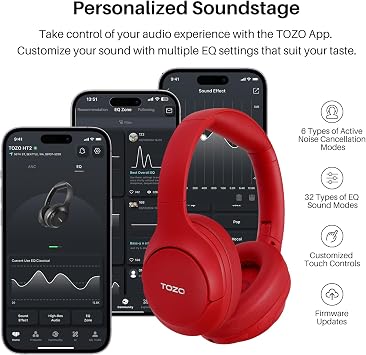 TOZO HT2 Over Ear Bluetooth Headphones Hybrid Active Noise Cancelling Headphones Wireless Bluetooth Headphones with App Control Hi-Res Audio 60 Hours Playtime Deep Bass Comfortable Ear Cups Blue