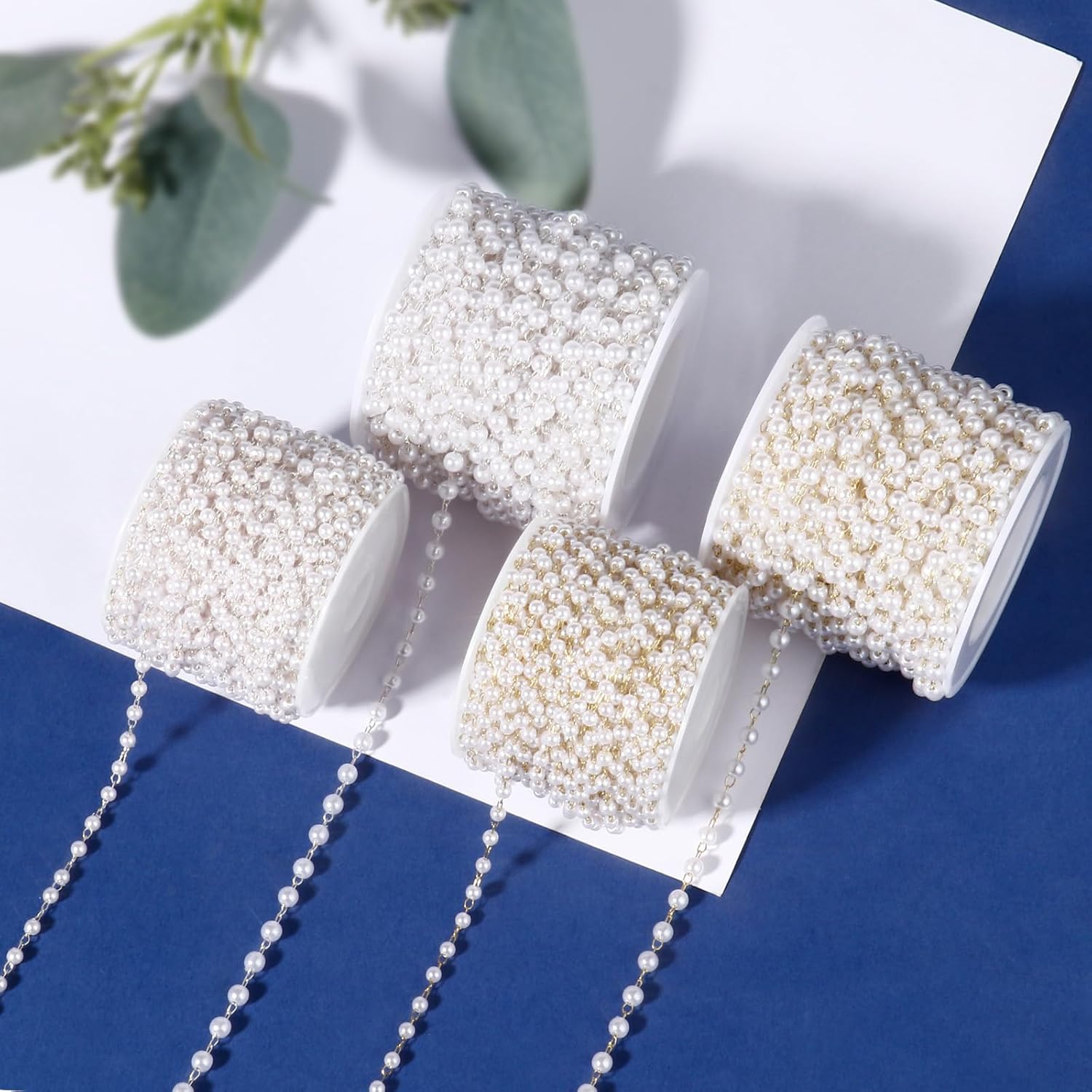 [33 FT] Silver Plated Pearl Beads Chain Bulk for Jewelry Making, 3mm Pearls Beaded Brass Oval Link Chains Roll Spool for DIY Craft Jewelry Making - Image 4