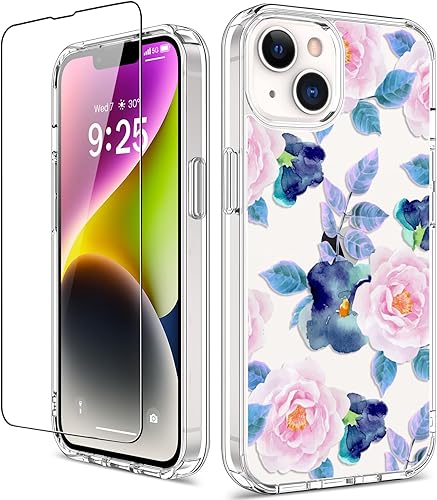 Miniatura 39 de GiiKa Funda rígida para iPhone 14 con protector de pantalla, 6.1 pulgadas, transparente, a prueba de golpes, diseño floral rosa, para niñas y Small