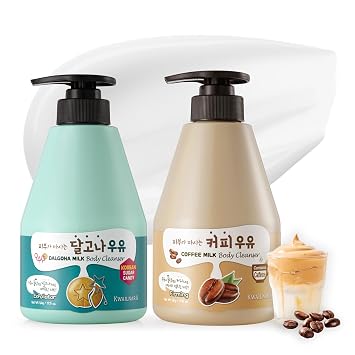 WELCOS Kwailnara Dalgona & Coffee Milk Body Wash Set Exfoliating & Nourishing Korean Skincare Duo with Black Sugar & Coffee Extract, 560g / 19.75oz Each