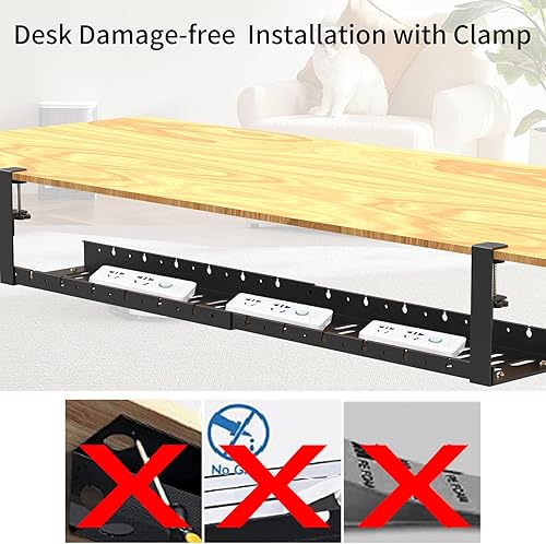 Miniatura 6 de Bandeja de gestión de cables extensible de 31 pulgadas para debajo del escritorio, bandeja de gestión de cables de metal debajo del escritorio con