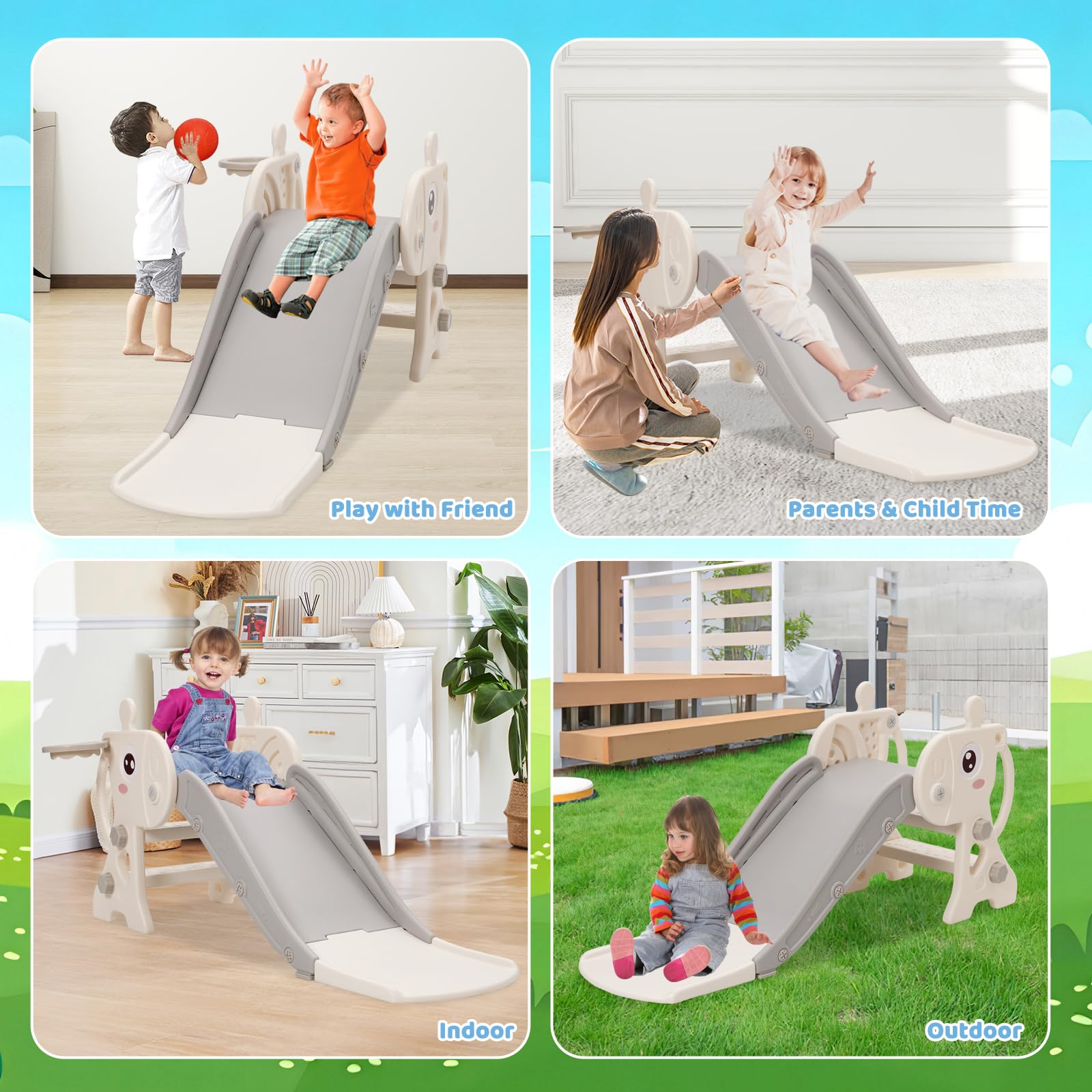 Scivolo per Bambini con Cestino da Basket, Scivolo Pieghevole per Esterno e Interno, Scivolo da Giardino per Bambino 1 2 3 Anni (Grigio+cervo)