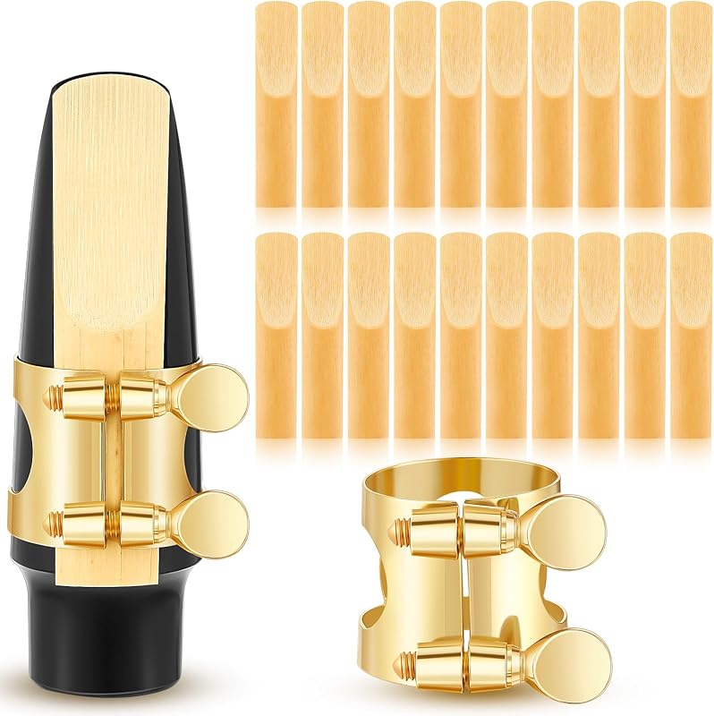 Alto Sax Ligature with 20 Pcs Alto Saxophone Reeds 2.5 Gold Alto Saxophone Ligature with Adjustable Screws Alto Saxophone Ligature Fastener Strength 2.5 Reeds for Sax (Mouthpiece Not Included)
