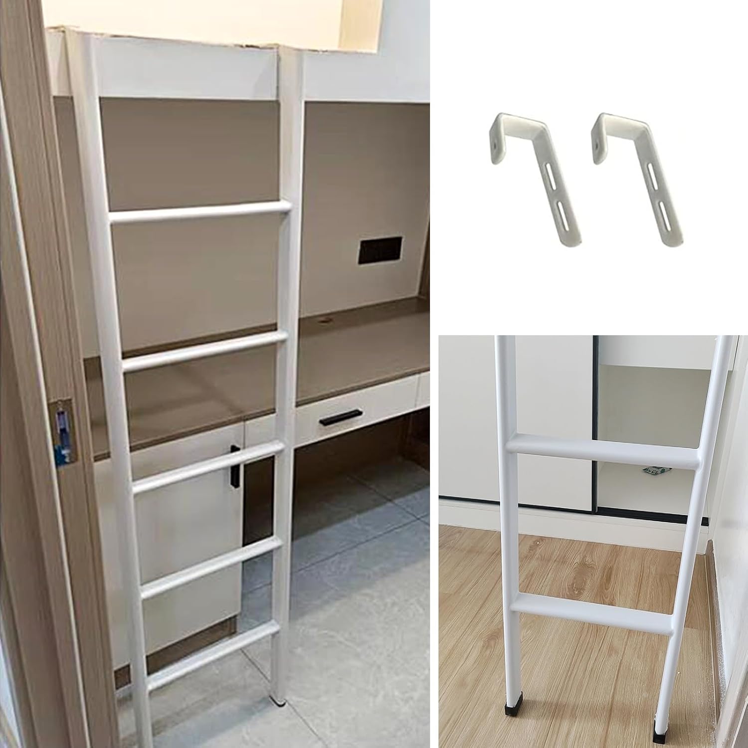 White Twin Bunk Bed Ladders with Metal Hooks, Adjustable Bunk Bed Ladder Floor-Standing 5 Step RV Ladder, Home Loft Bed Climb Ladder