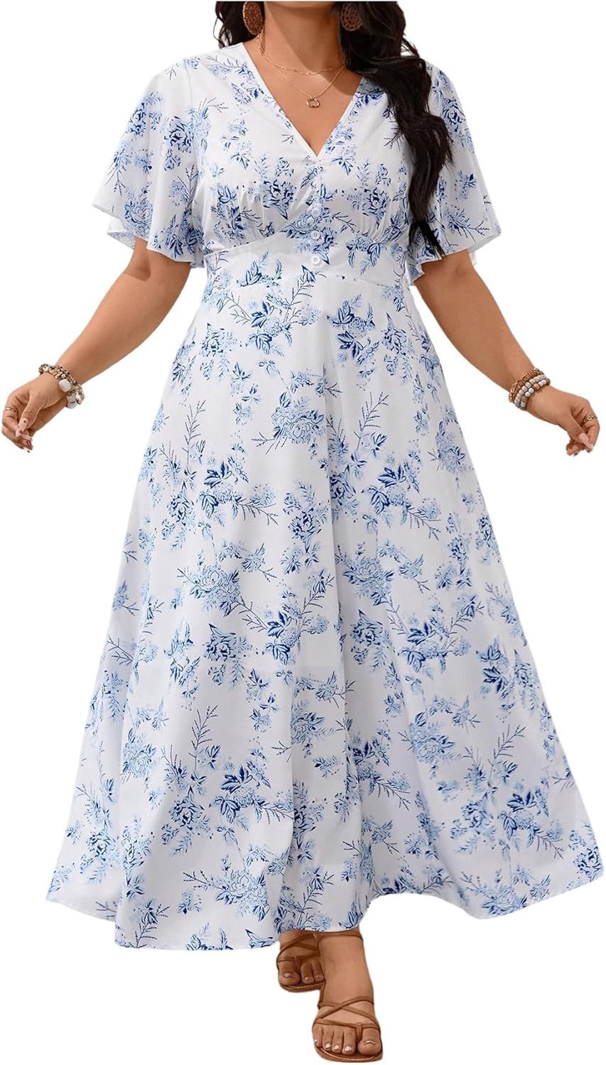 Floerns Women's Plus Size Summer Floral A Line Dress Short Sleeve V Neck Beach Vacation Long Dresses