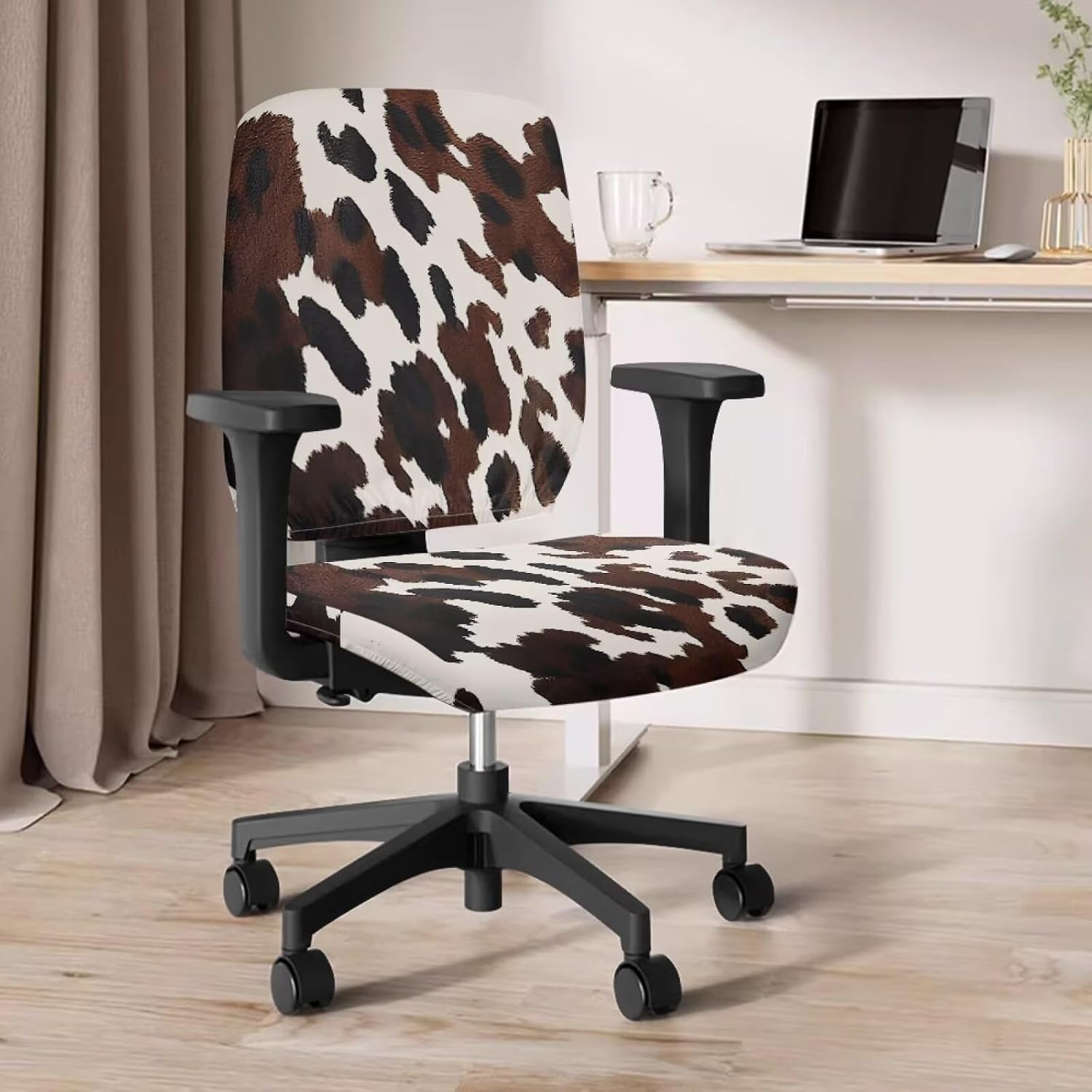 Cow Print Office Chair Covers Stretchable 2 Piece Protective Computer Seat Cover Anti-Dust Universal Desk Rotating Chair Slipcover