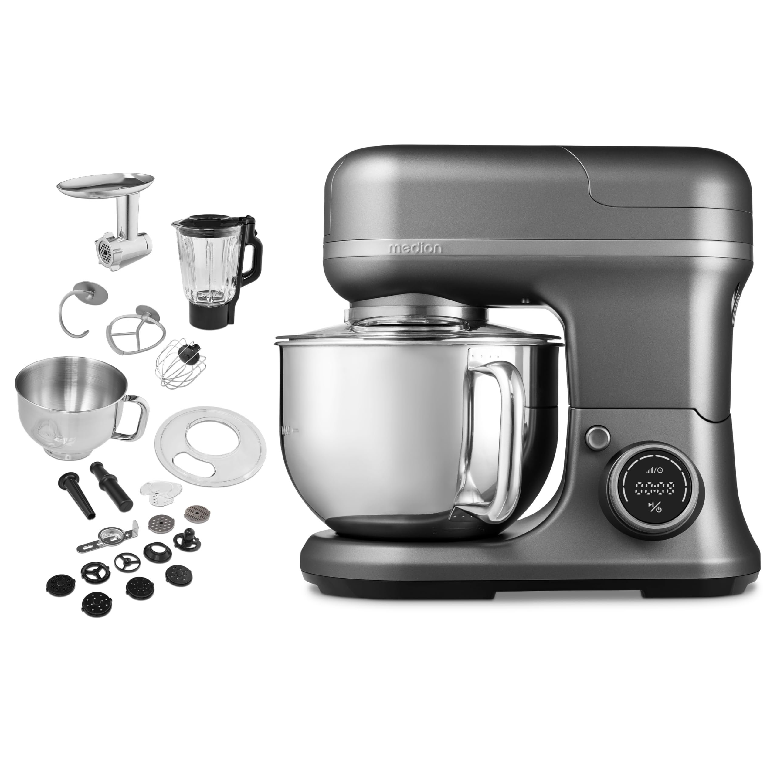 Procesador de alimentos universal MEDION 3 en 1 (digital, 1.200 vatios, 8 niveles, mezclar amasar batir mezclar picadora, bol para preparar helados, pantalla táctil digital, MD18430) Titanio