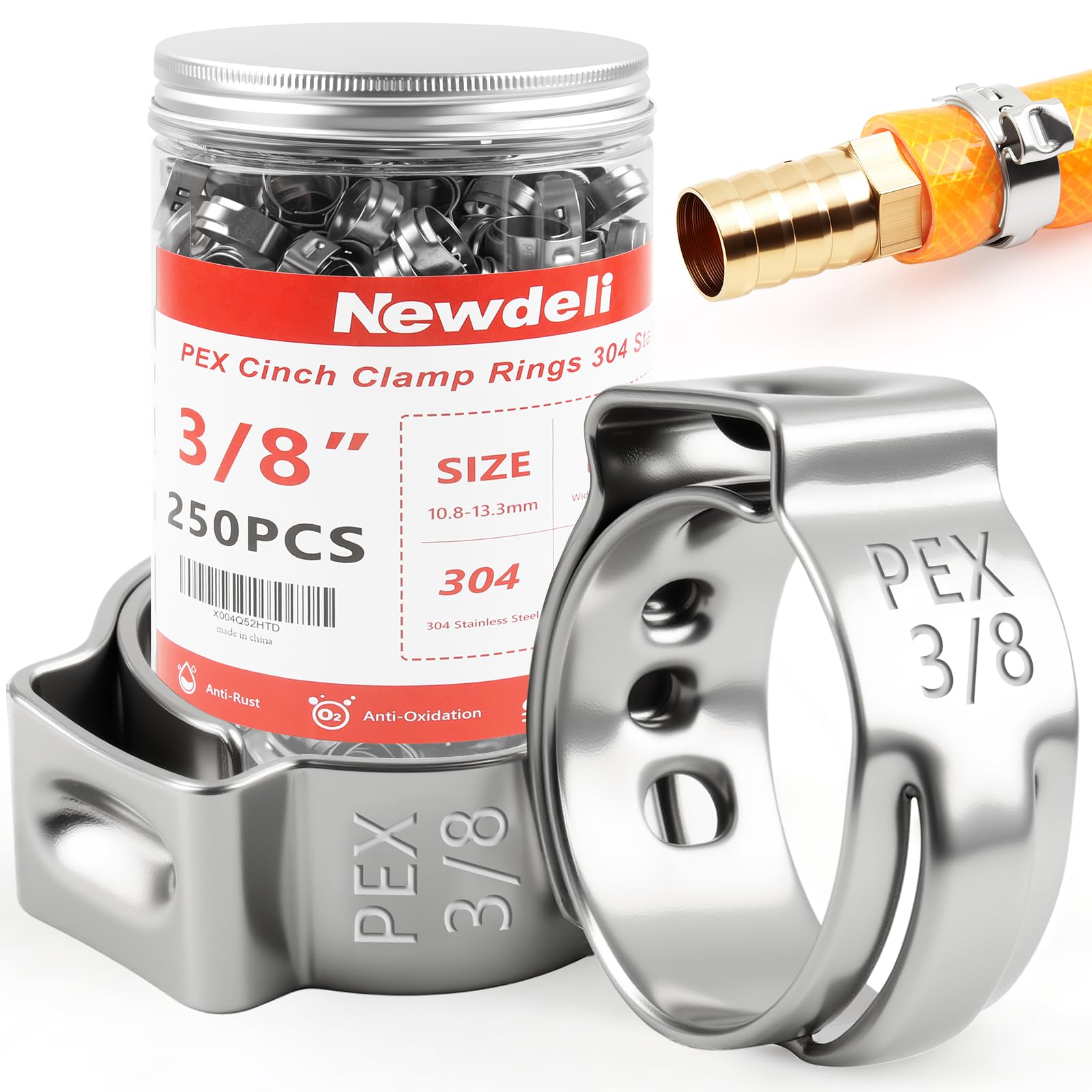Newdeli 250pcs 3/8 inch Pex Crimp Rings Stainless Steel PEX Clamps Single Ear Hose Clamps Pex Fittings Cinch Pinch Clamp for Pipe Tubing Plumbing