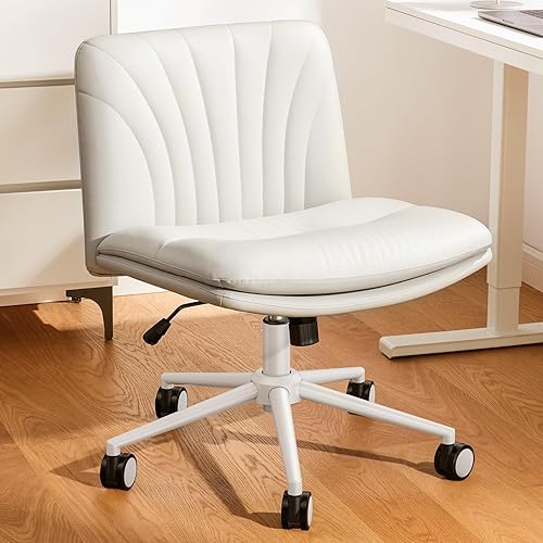 Marsail Armless-Office Desk Chair with Wheels: PU Leather Cross Legged Wide Chair,Comfortable Adjustable Swivel Computer Task Chairs for Home,Office,Make Up,Small Space,Bed Room(Natural Beige)