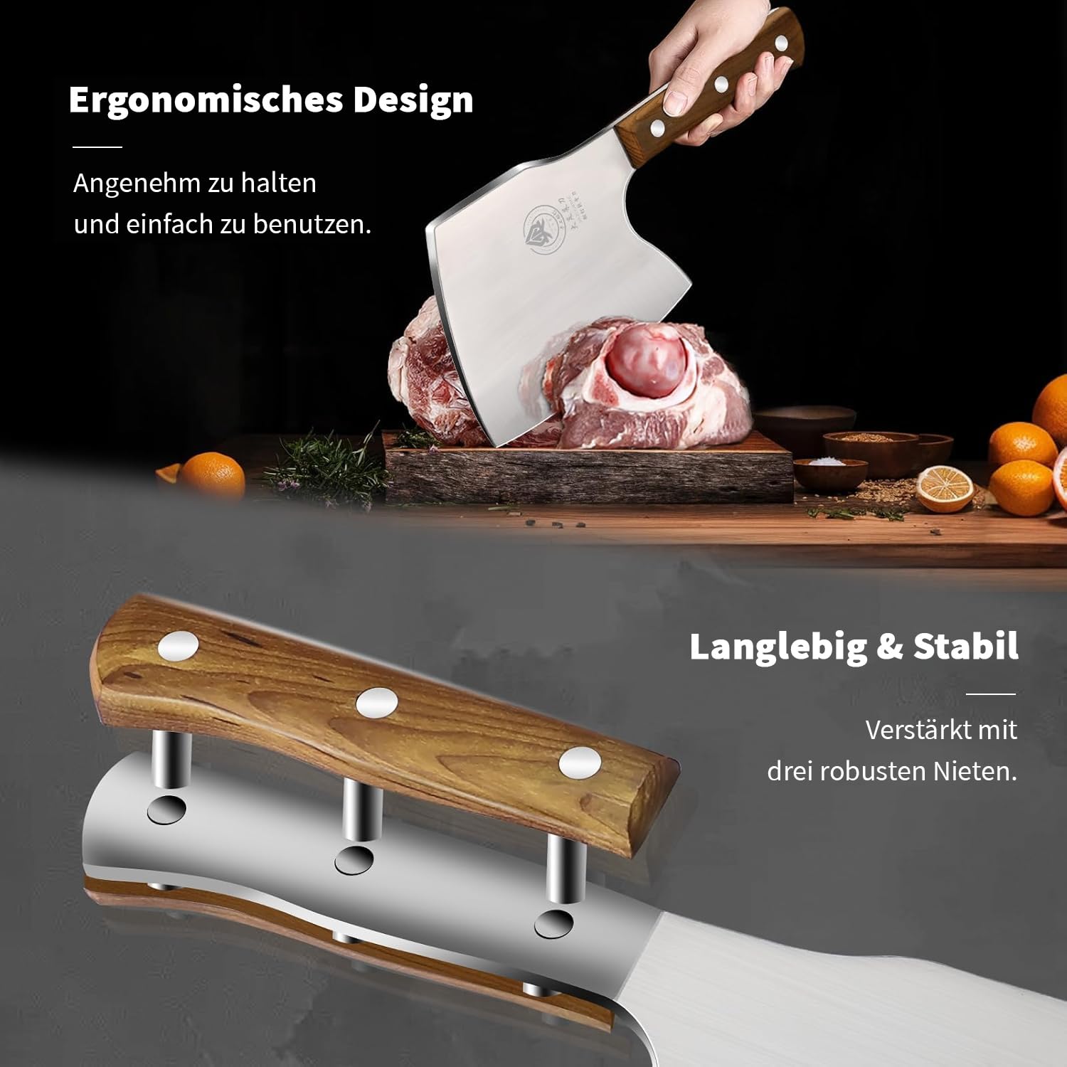 Plys Hackmesser 15cm Klinge Küchenbeil: Edelstahl Hackbeil Butcher Messer für Große Knochen und Fleisch Holzgriff