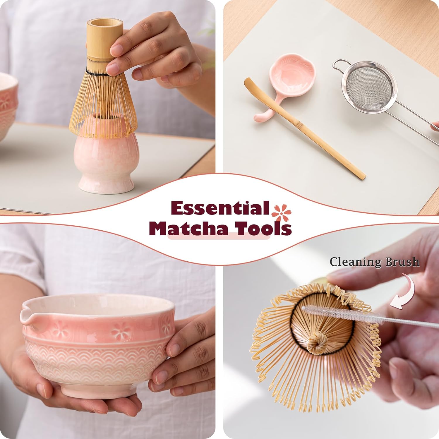 Matcha Tea Set, 8 Pcs Japanese Matcha Kit with Cherry Blossom and Wave Design Ceramic Bowl, Bamboo Whisk, Whisk Holder, Scoop, Sifter, Brush, Matcha Kit Set for Matcha Lovers (Pink Gradient) - Image 3