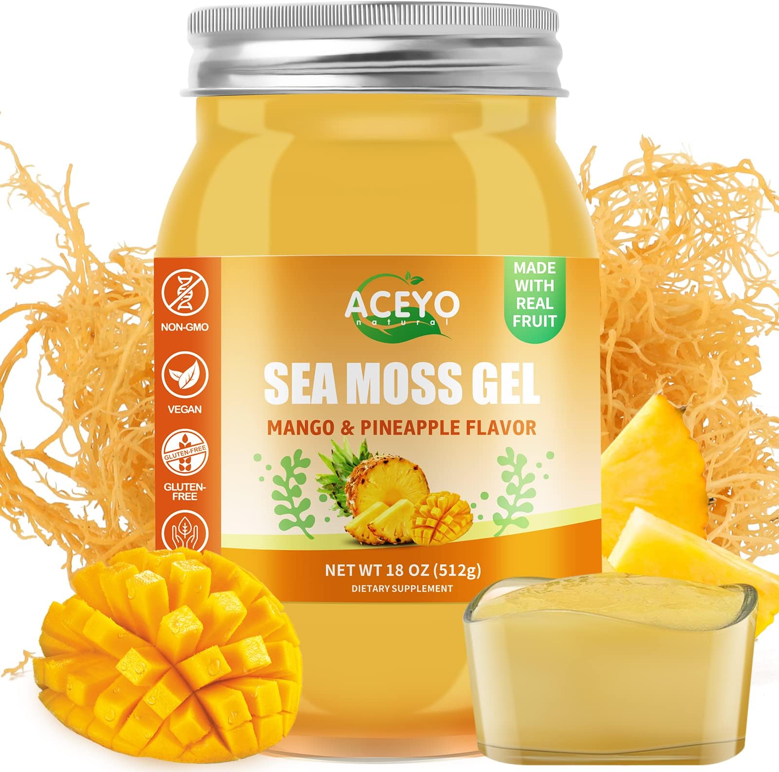 ACEYO (18 OZ) Irish Sea Moss Gel Raw Vegan Mango Pineapple Flavor 102 Vitamins and Minerals Wild Harvested Non-GMO