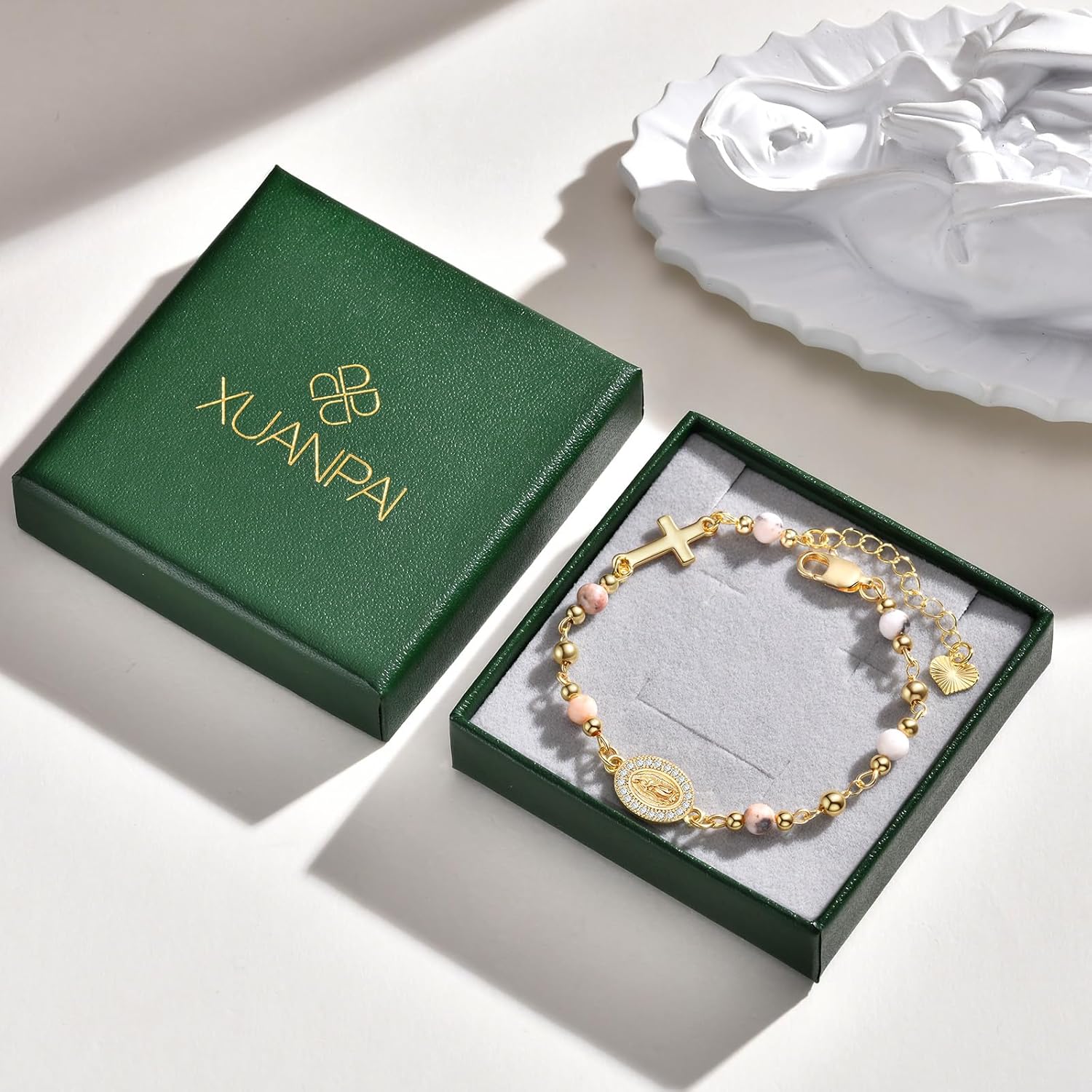 Women's Gold Virgin Mary Bracelet - 14K Gold Plated Religious Cross Bracelet,Dainty Golden Non Tarnish Virgen De Guadalupe Natural Stone Beaded Jewelry,Catholic Faith Baptism Confirmation Gift for Her - Image 6