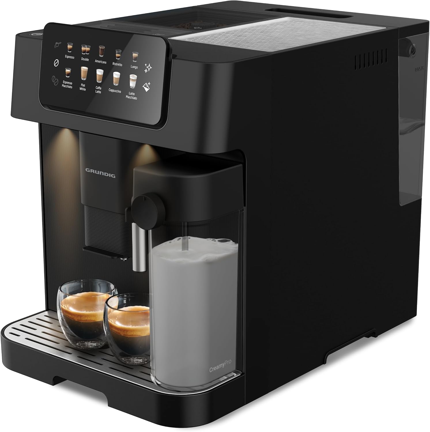 GRUNDIG KVA 6530 Espresso Machine front view with milk container and two espresso cups