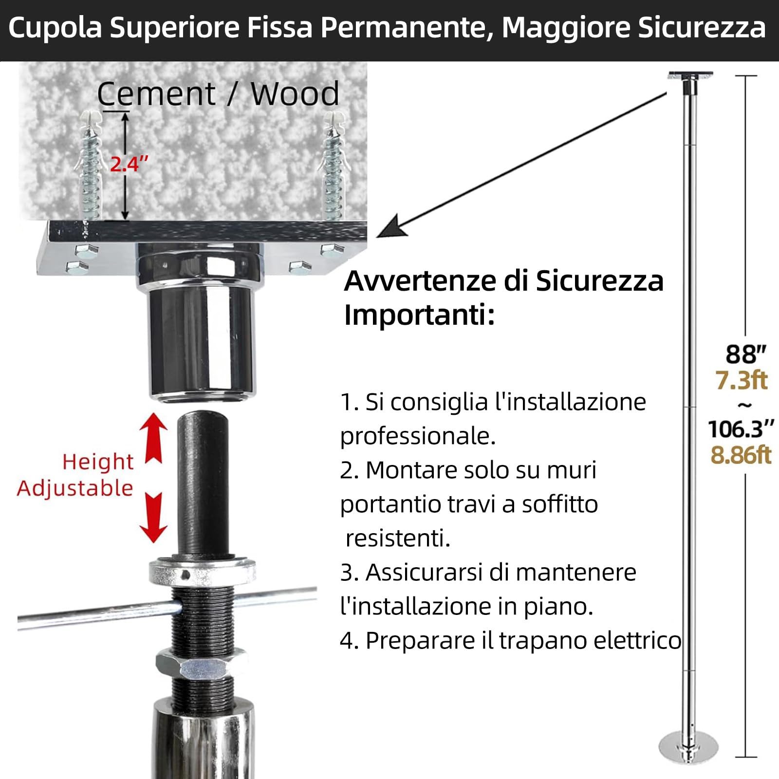 PRIOR FITNESS Set Palo da Ballo Fisso – 45 mm, Palo Fitness Rotante/Statico, Piastra Fissa per Danza, con Accessori per Montaggio a Soffitto, Ideale per Club, Feste, Home, con Certificazione CE
