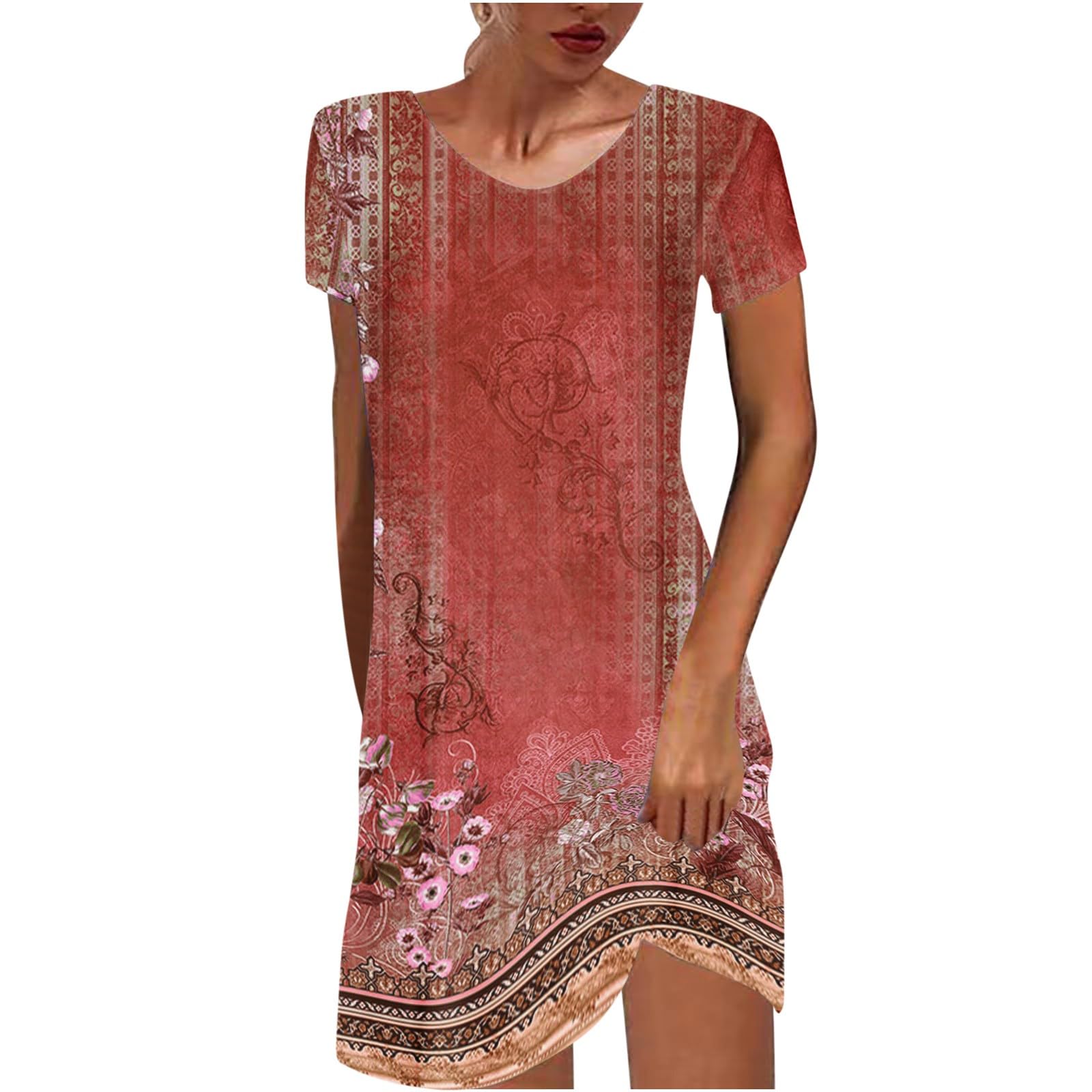 Summer Dresses for Women Boho Floral Print T-Shirts Dress Short Sleeve Sundresses Vintage Loose Tank Dresses