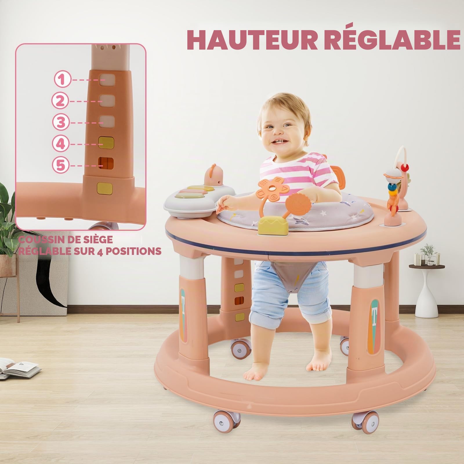Bébé Trotteur 3 en 1(mode Marcheur, Table d'étude, Sauteur), Réglage de la hauteur sur 5 Niveaux, Design anti-O-Legs,Roues Silencieuses à 360°–Convient aux Filles à partir de 6 Mois Rose