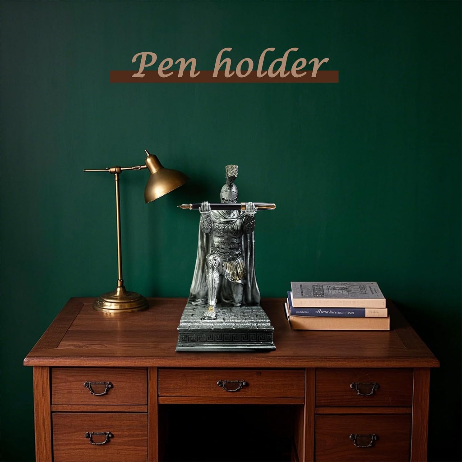 Medieval Knight Statue Desk Single Pen Holder, Funny Unique Novelty Cool Desktop Accessories Gothic Figure Pencil Stand, Silver