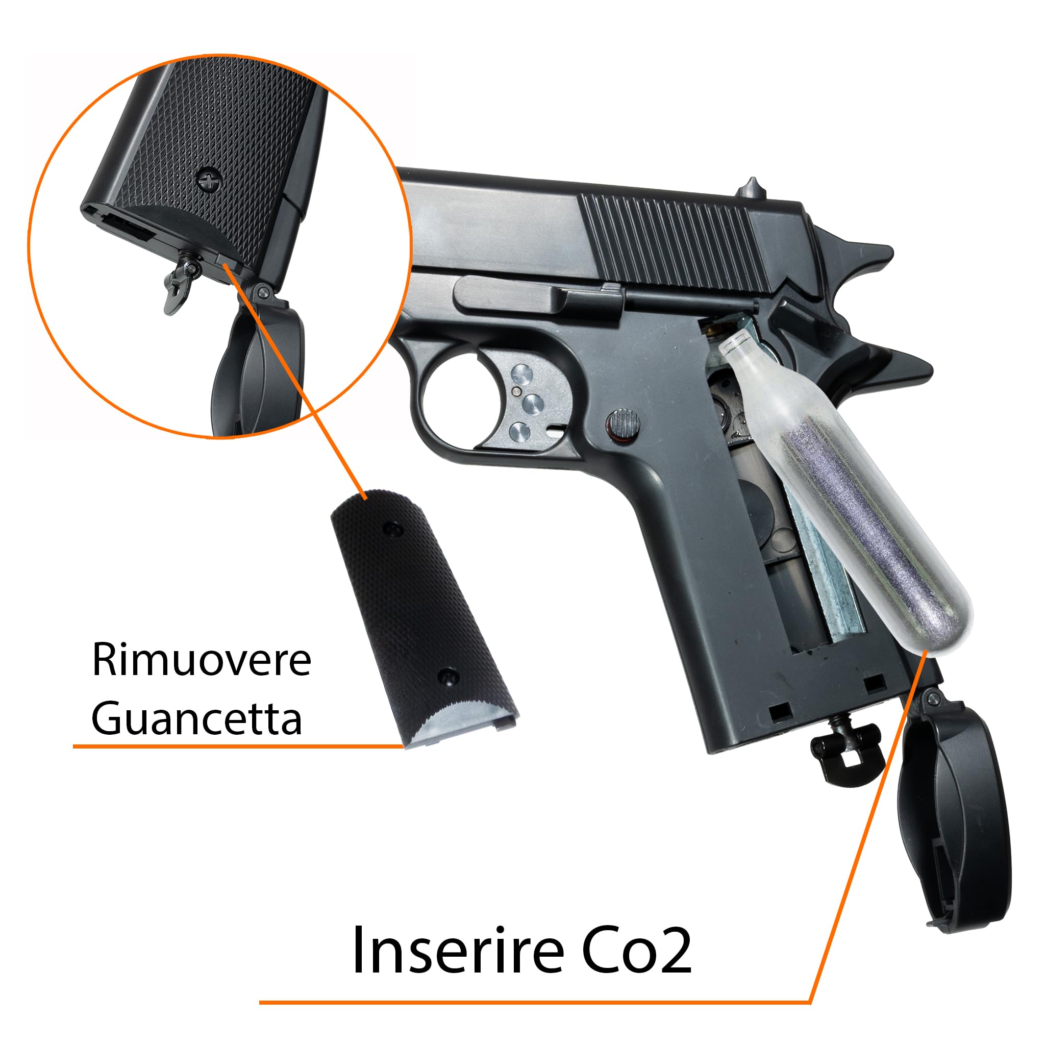 Pistola Softair 1911, Bundle Completo: Pistola a Pallini, 5 bombolette Co2, 1000 Pallini 6mm - Airsoft, Pistole Softair, colore nero, potenza 0,9 joule