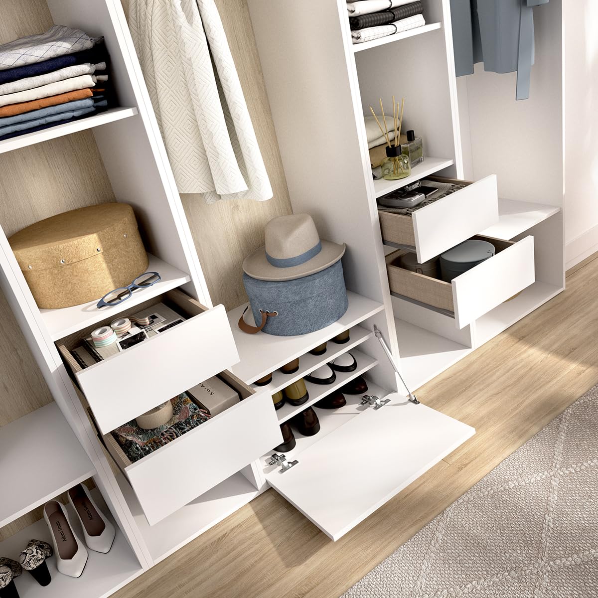 PEGANE Armoire Dressing Ouverte avec Fond arrière réversible, 3 penderies avec 3 tringles,4 tiroirs et 1 Porte Chaussures, Coloris Blanc/Naturel - Hauteur 204,5 x Longueur 256 x Profondeur 45