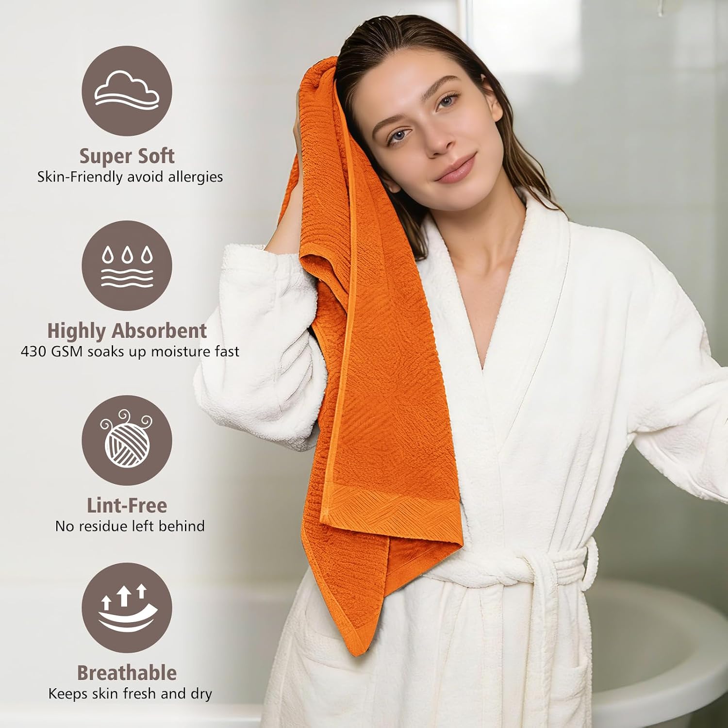 HEAVYWOOD Bath Towels Set of 2 Geometric Stripe 100% Cotton Reversible, Soft & Absorbent Decorative Bath Towel for Bathroom Clearance (Tangerine, 2Packs)