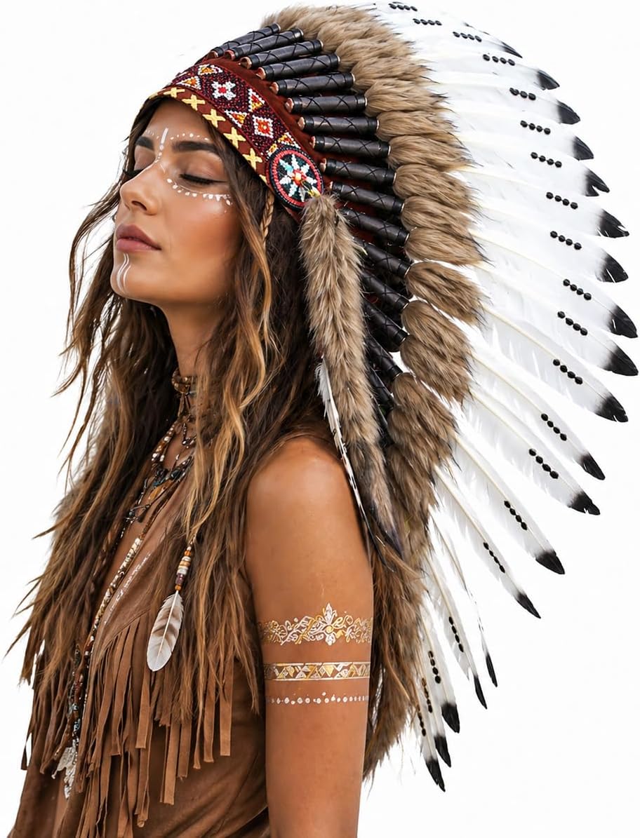 Native American Inspired Headdress - Handcrafted with Genuine Feathers and Beads